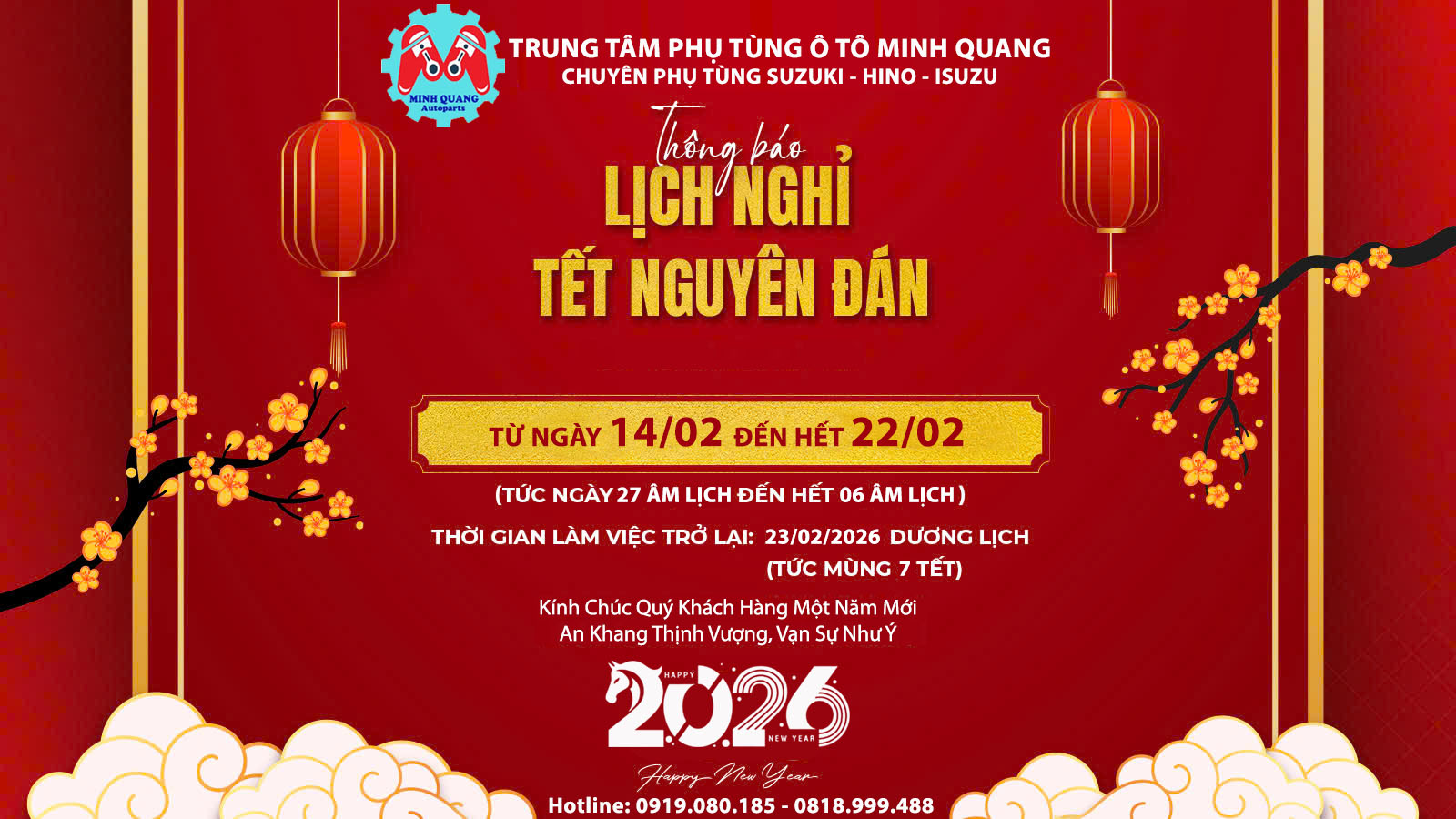 Lịch Nghỉ Tết 2026 tại Phụ tùng Minh Quang